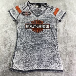 Harley Davidson Shirt Womens Medium Gray Biker Rhinestone Stretch Lightweight